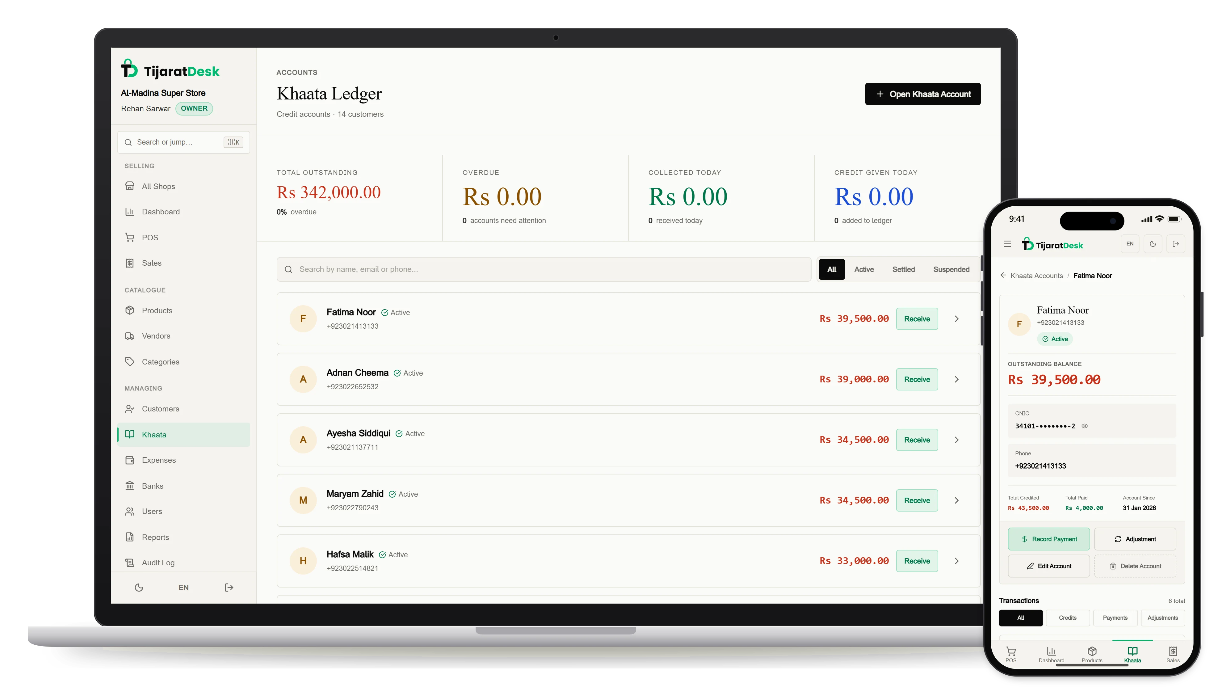 The khaata ledger on a laptop with every credit customer and the total outstanding, beside one customer's statement on a phone with each entry and its running balance
