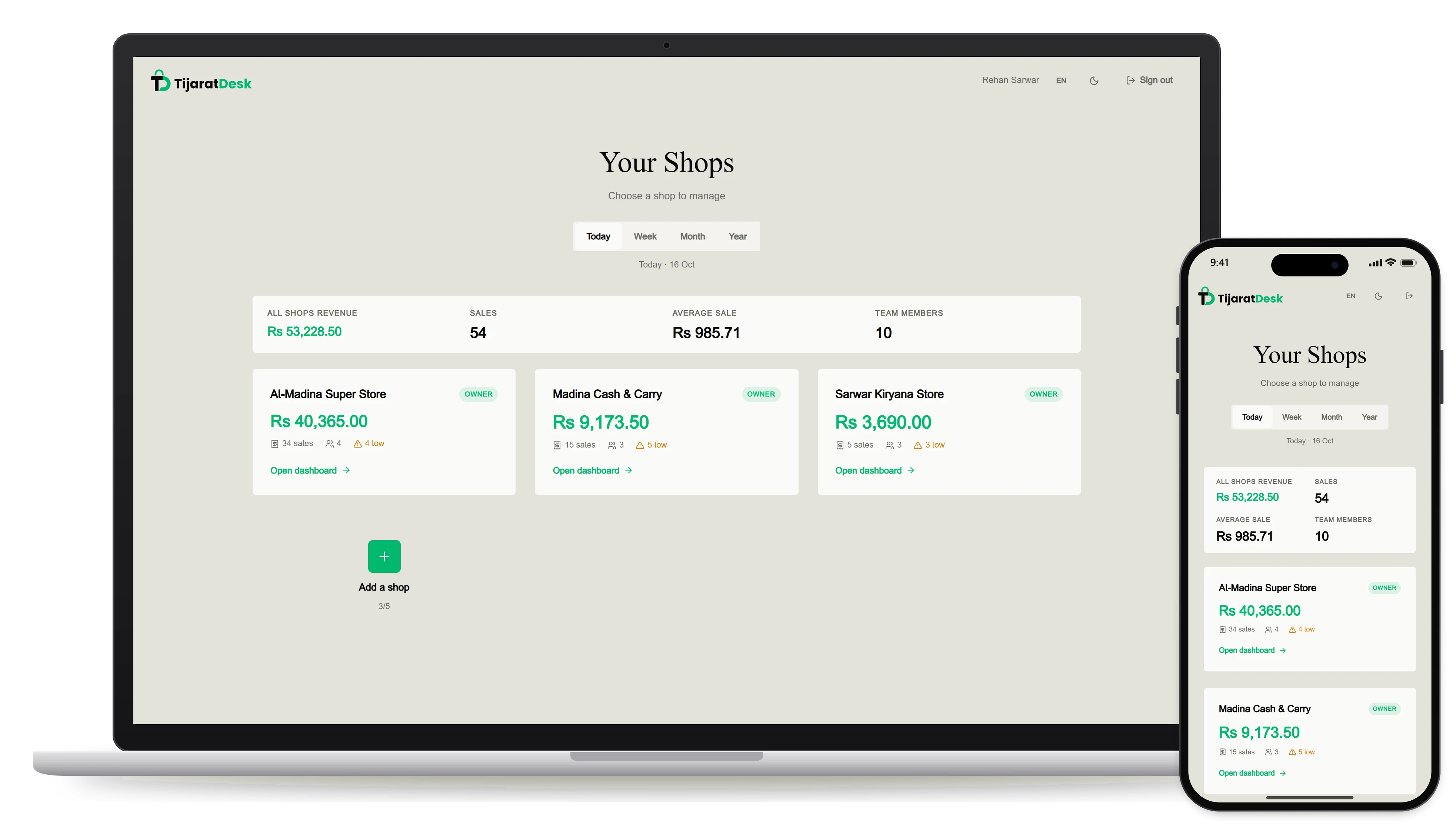 The Your Shops screen on a laptop and a phone: today's sales for each shop and the total across all of them